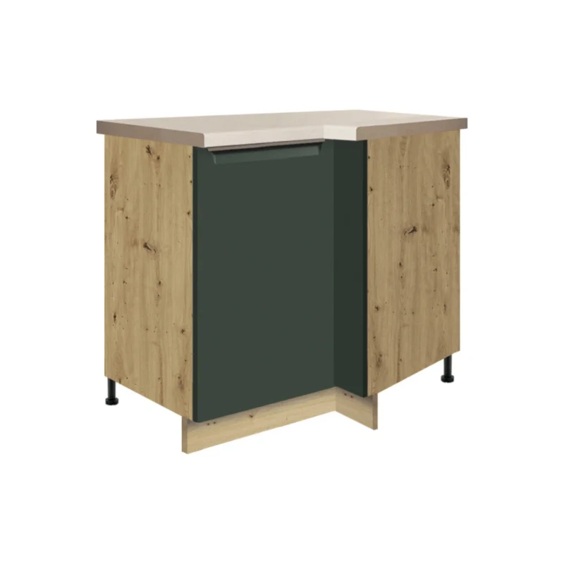 a kitchen cabinet with a green door