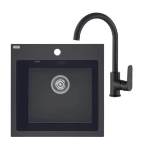Alena matt fekete gránit mosogató szett csapteleppel, helytakarékos szifonnal