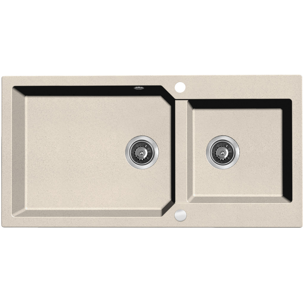 Laveo MILOS 2M 100 kétmedencés bézs gránit mosogató helytakarékos dugókiemelős szifonnal