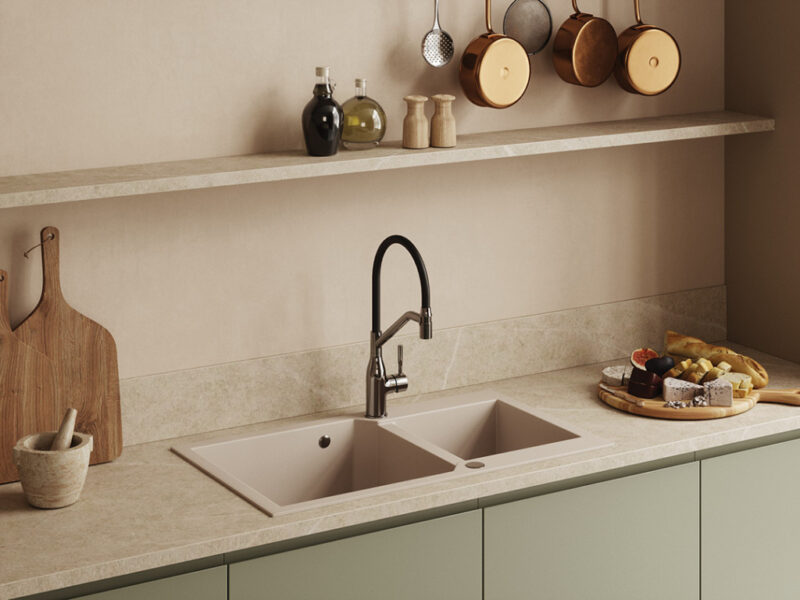 Laveo MILOS 2M 100 kétmedencés bézs gránit mosogató helytakarékos dugókiemelős szifonnal