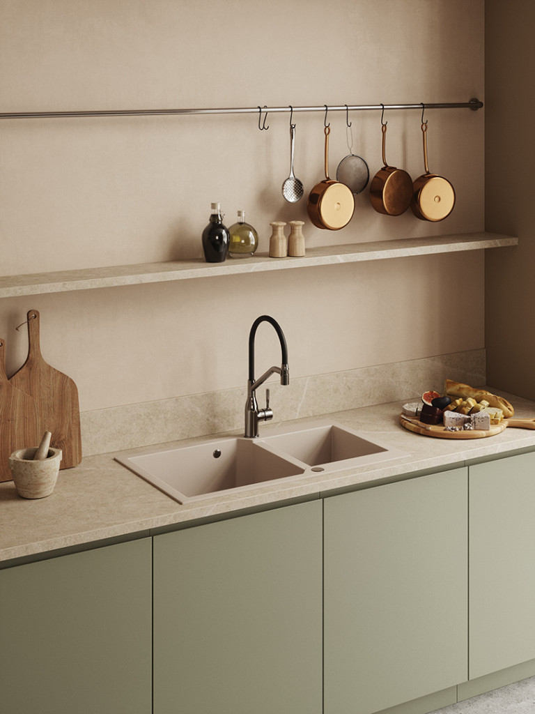 Laveo MILOS 2M 100 kétmedencés bézs gránit mosogató helytakarékos dugókiemelős szifonnal - Image 3