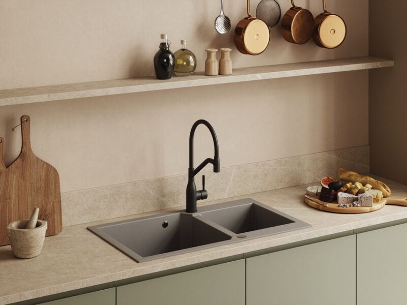 Laveo MILOS 2M 90 kétmedencés gránit szürke mosogató helytakarékos dugókiemelős szifonnal