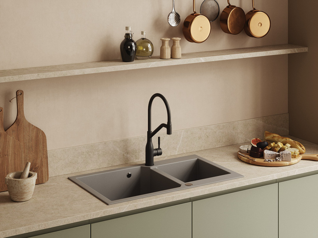 Laveo MILOS 2M 90 kétmedencés gránit szürke mosogató helytakarékos dugókiemelős szifonnal - Image 2