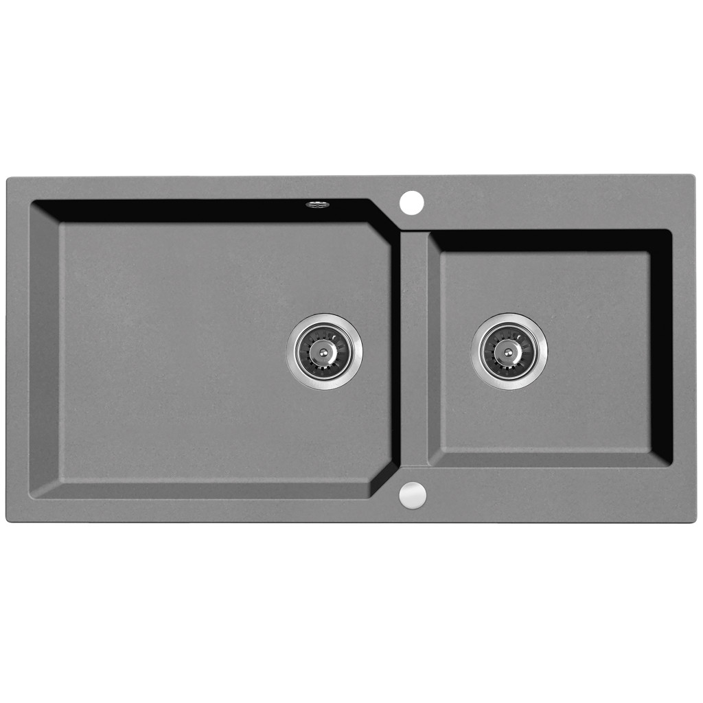 Laveo MILOS 2M 100 kétmedencés szürke gránit mosogató helytakarékos dugókiemelős szifonnal