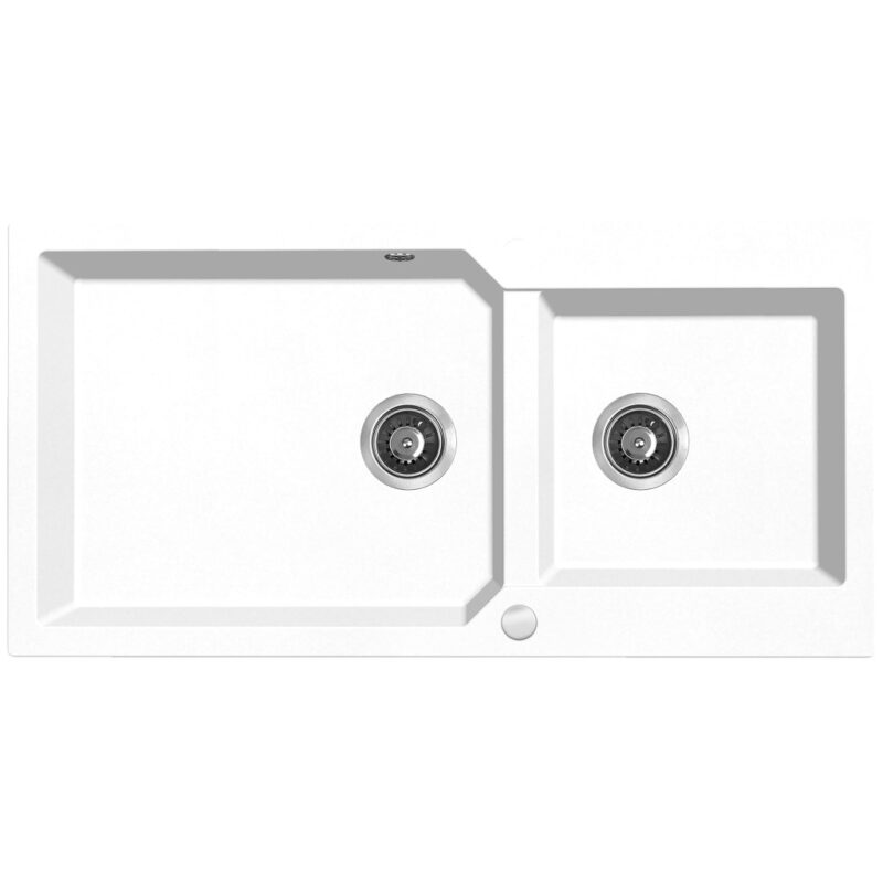 Laveo MILOS 2M 100 kétmedencés fehér gránit mosogató helytakarékos dugókiemelős szifonnal