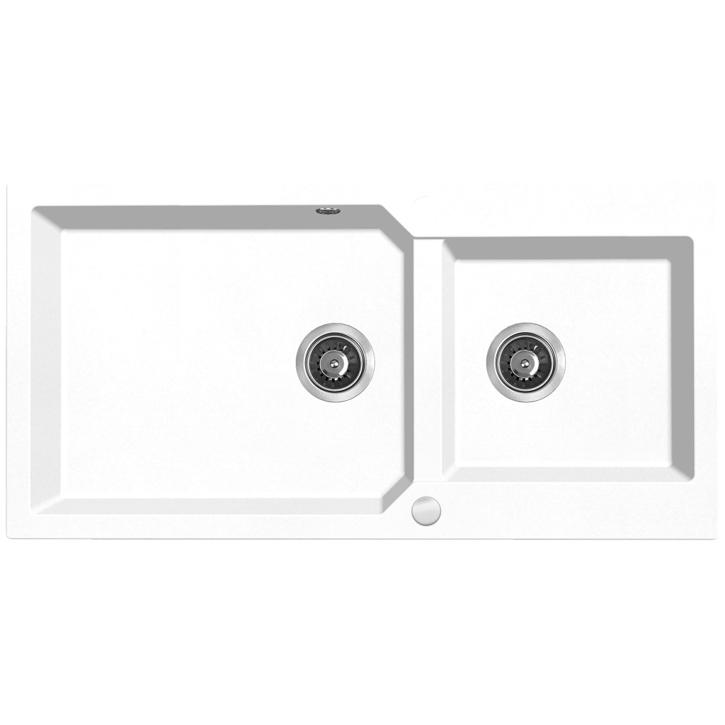 Laveo MILOS 2M 100 kétmedencés fehér gránit mosogató helytakarékos dugókiemelős szifonnal