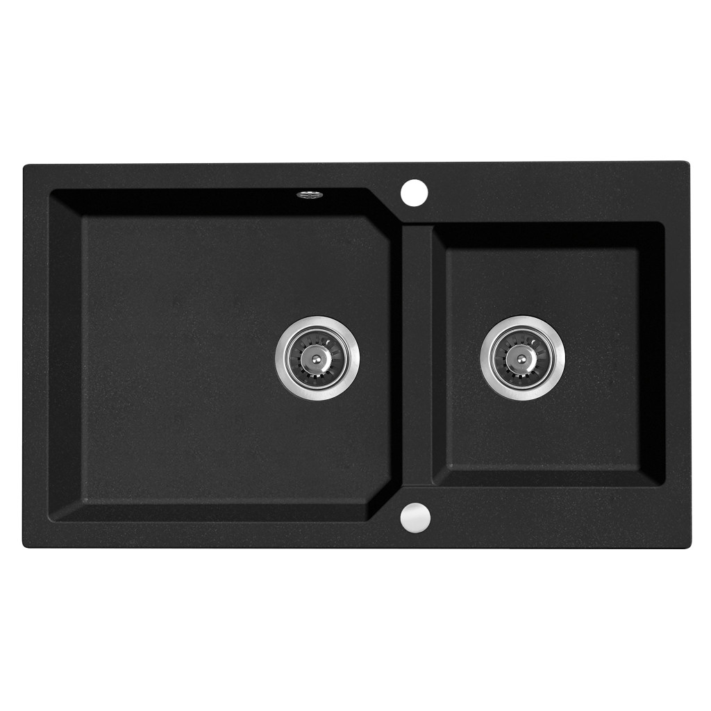 Laveo MILOS 2M 90 kétmedencés gránit szemcsés fekete mosogató helytakarékos dugókiemelős szifonnal