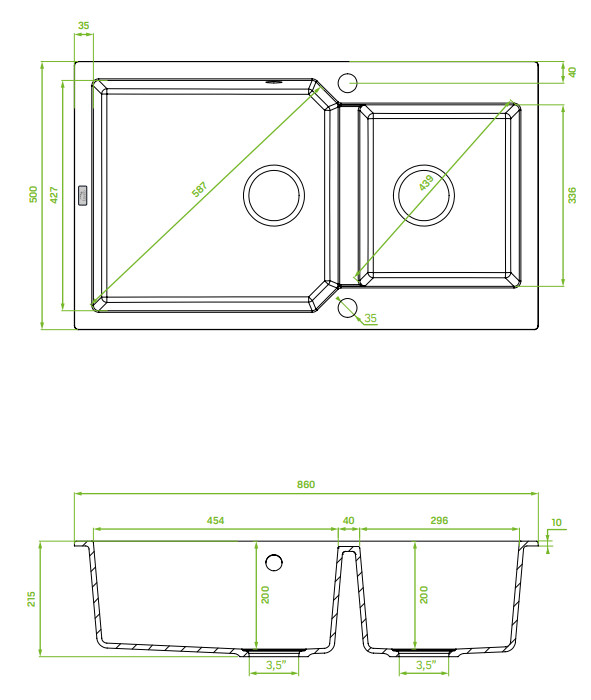 Laveo MILOS 2M 90 kétmedencés matt fekete gránit mosogató helytakarékos dugókiemelős szifonnal - Image 2