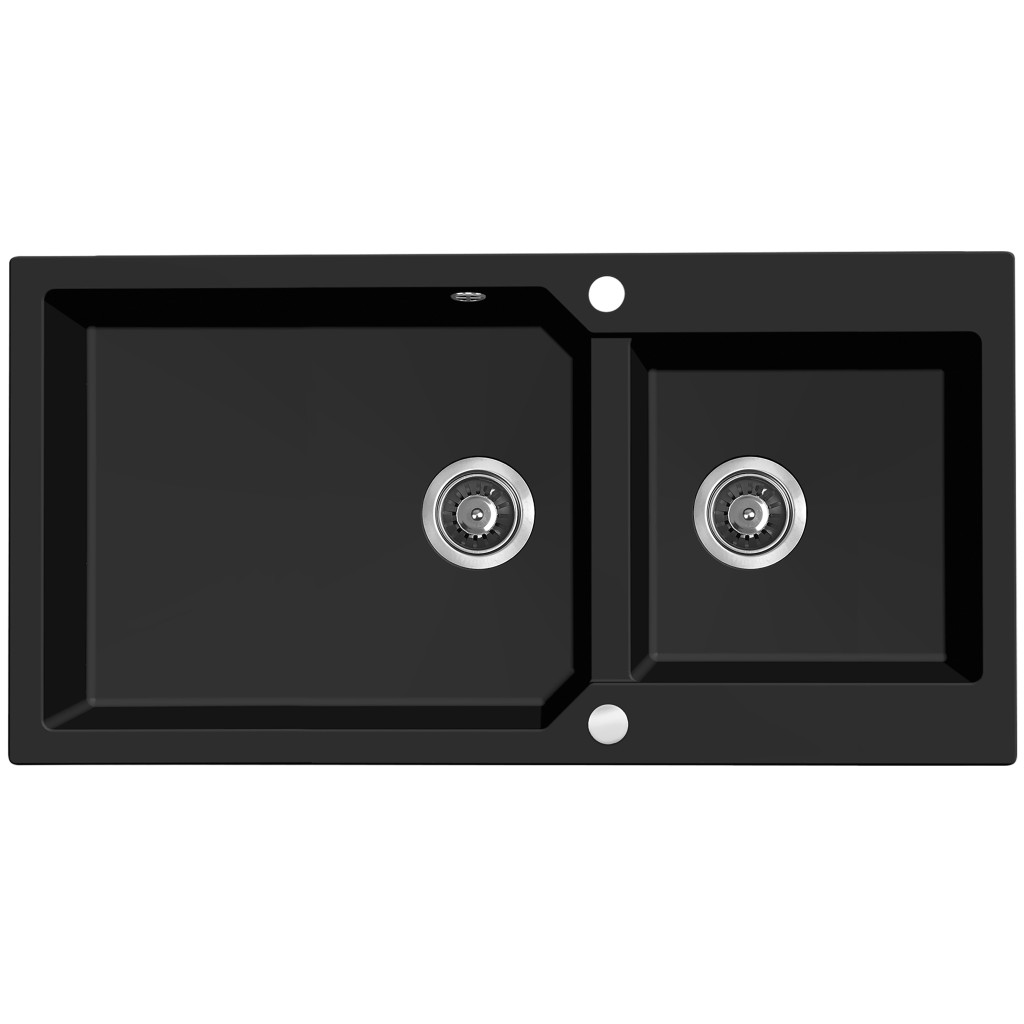 Laveo MILOS 2M 100 kétmedencés matt fekete gránit mosogató helytakarékos dugókiemelős szifonnal