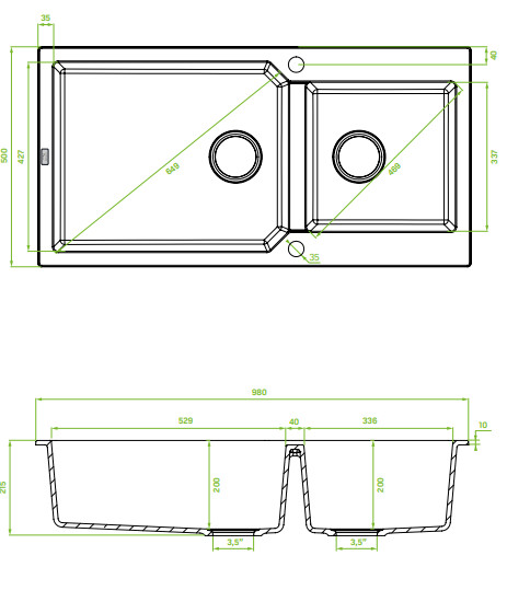 Laveo MILOS 2M 100 kétmedencés matt fekete gránit mosogató helytakarékos dugókiemelős szifonnal - Image 2