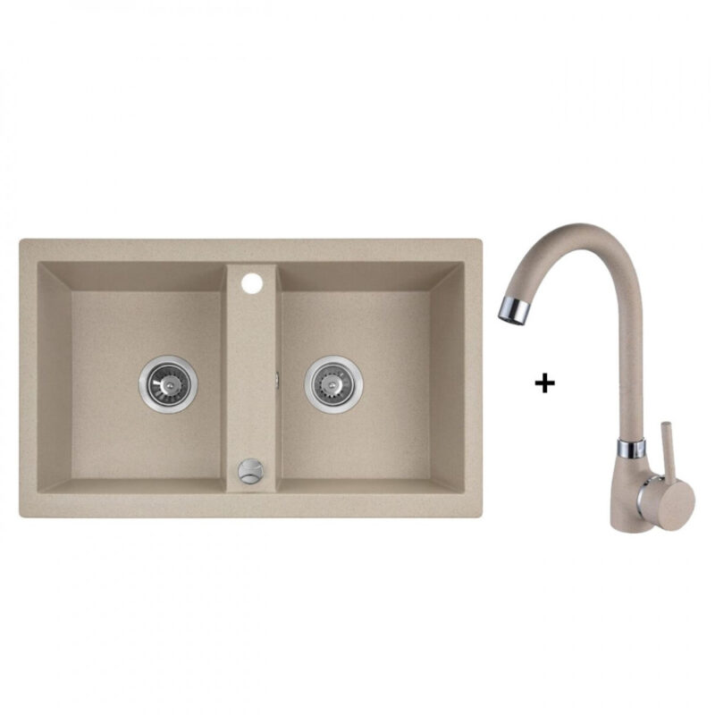 Laveo BARBADOS kétmedencés bézs szett álló csappal dugókiemelős helytakarékos szifonnal