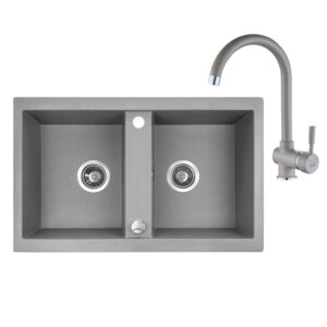 Laveo BARBADOS szürke kétmedencés szett álló csappal, dugókiemelős helytakarékos szifonnal