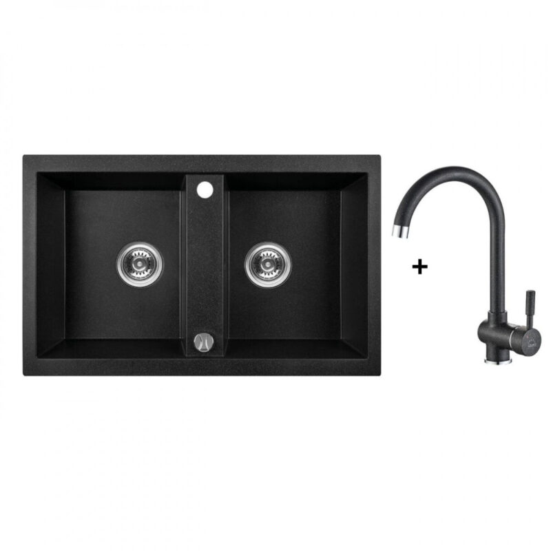Laveo BARBADOS kétmedencés szemcsés fekete szett álló csappal, dugókiemelős helytakarékos szifonnal