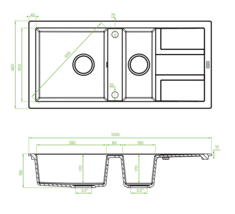 Laveo BARBADOS bézs 1,5 medencés mosogató dugókiemelős helytakarékos szifonnal