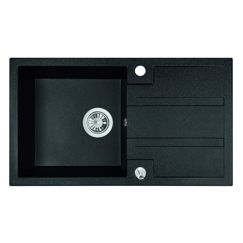 Laveo BARBADOS szemcsés fekete csepptálcás mosogató dugókiemelős helytakarékos szifonnal