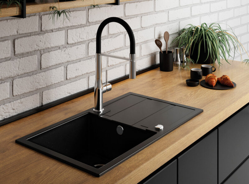 Laveo BARBADOS szemcsés fekete csepptálcás mosogató dugókiemelős helytakarékos szifonnal