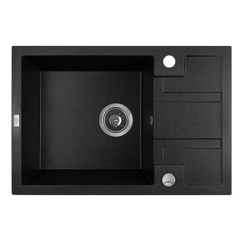 Laveo BARBADOS szemcsés fekete mini csepptálcás mosogató dugókiemelős helytakarékos szifonnal