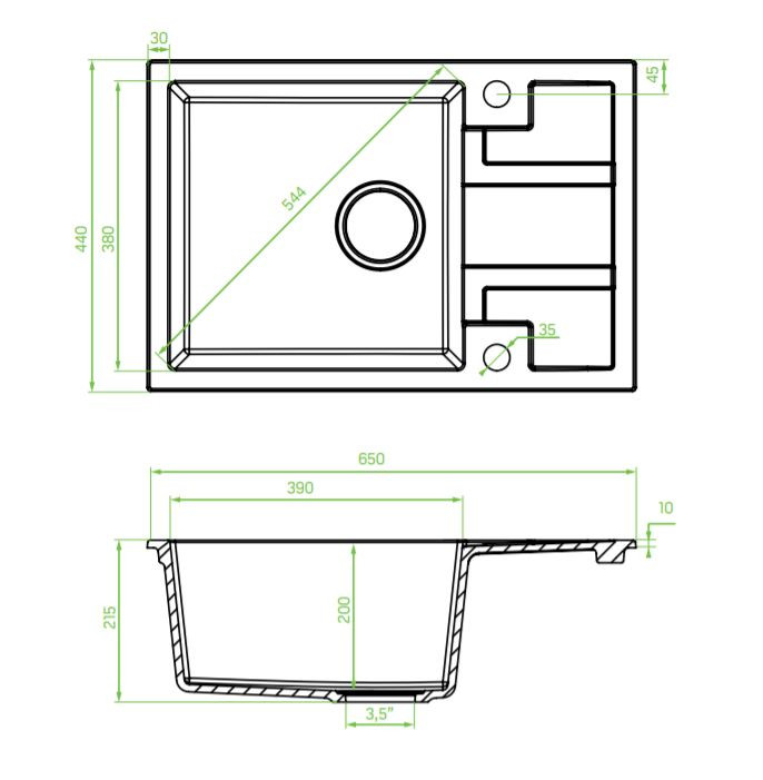 Laveo BARBADOS szemcsés fekete mini csepptálcás mosogató dugókiemelős helytakarékos szifonnal - Image 2