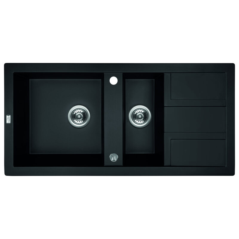 Laveo BARBADOS matt fekete 1,5 medencés mosogató dugókiemelős helytakarékos szifonnal