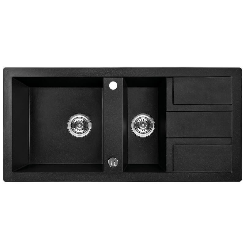 Laveo BARBADOS szemcsés fekete 1,5 medencés mosogató dugókiemelős helytakarékos szifonnal