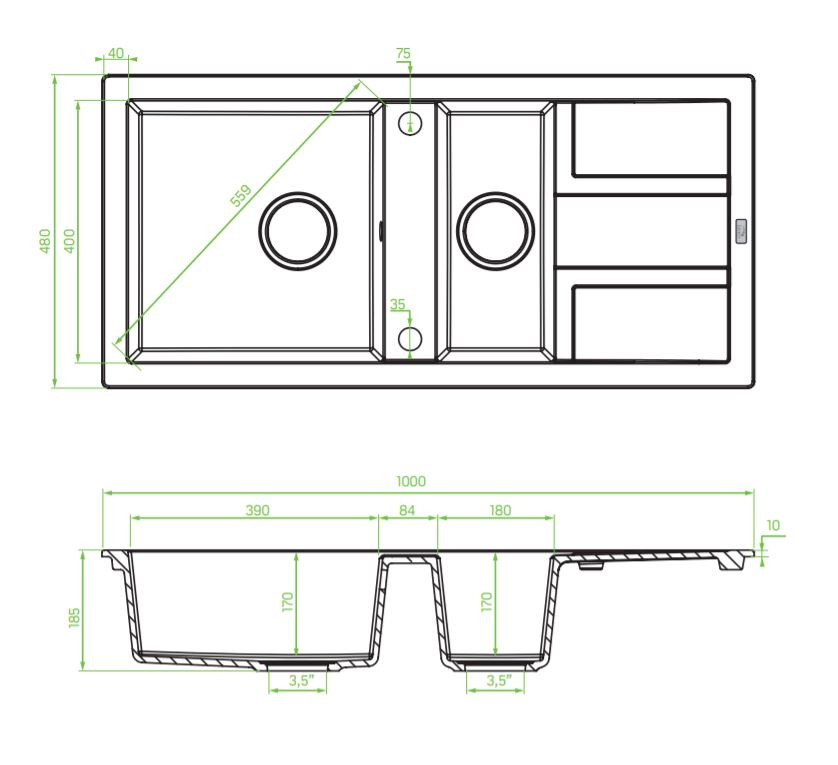 Laveo BARBADOS szemcsés fekete 1,5 medencés mosogató dugókiemelős helytakarékos szifonnal - Image 2