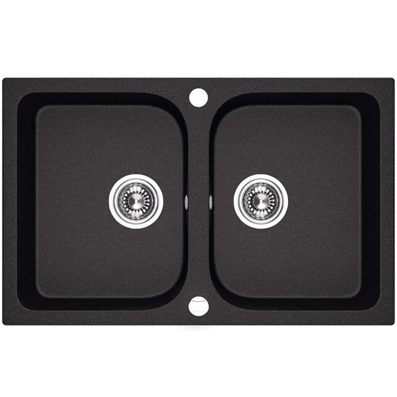 Laveo CELIA matt fekete kétmedencés mosogató dugókiemelős helytakarékos szifonnal