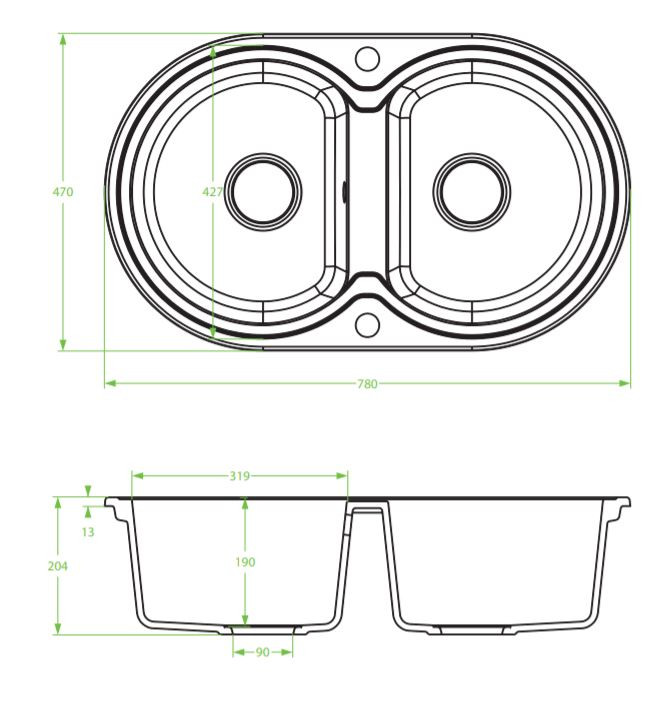 Laveo DAFNE kétkör szürke mosogató dugókiemelős helytakarékos szifonnal - Image 2