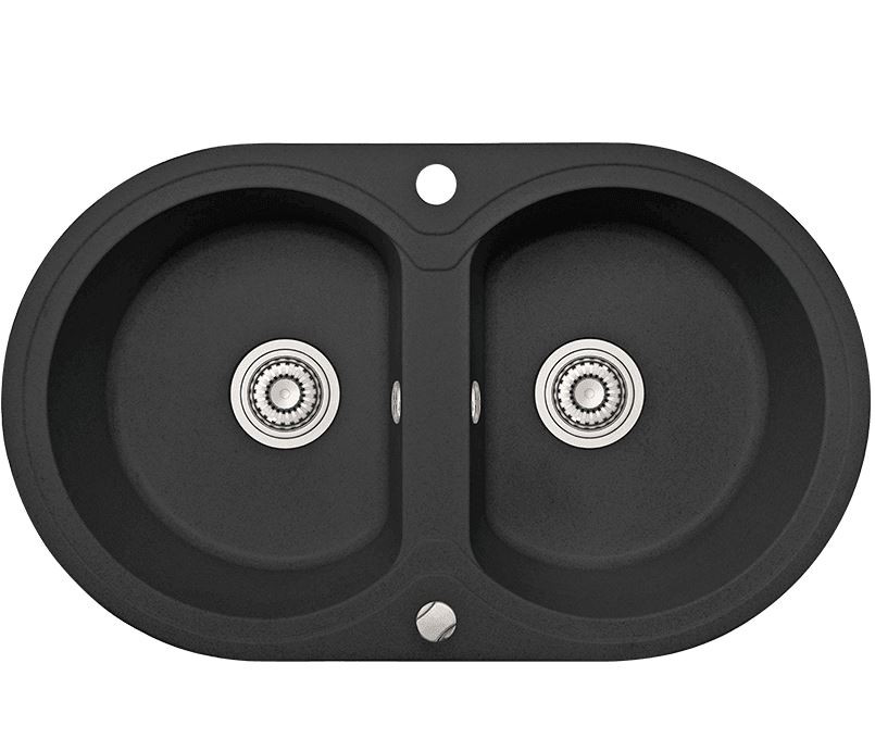 Laveo DAFNE kétkör szemcsés fekete mosogató dugókiemelős helytakarékos szifonnal