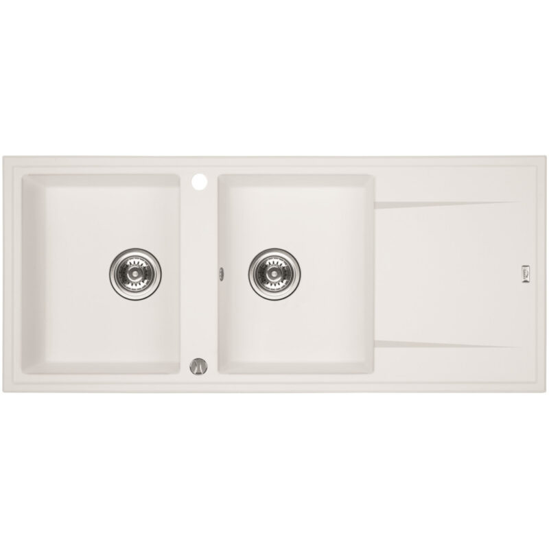 Laveo MEGALO kétmedence csepptálcás fehér mosogató dugókiemelős helytakarékos szifonnal