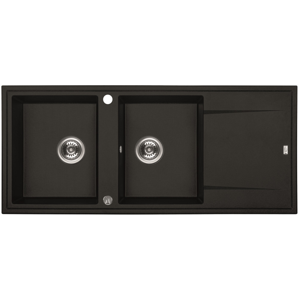 Laveo MEGALO kétmedence csepptálcás matt fekete mosogató dugókiemelős, helytakarékos szifonnal