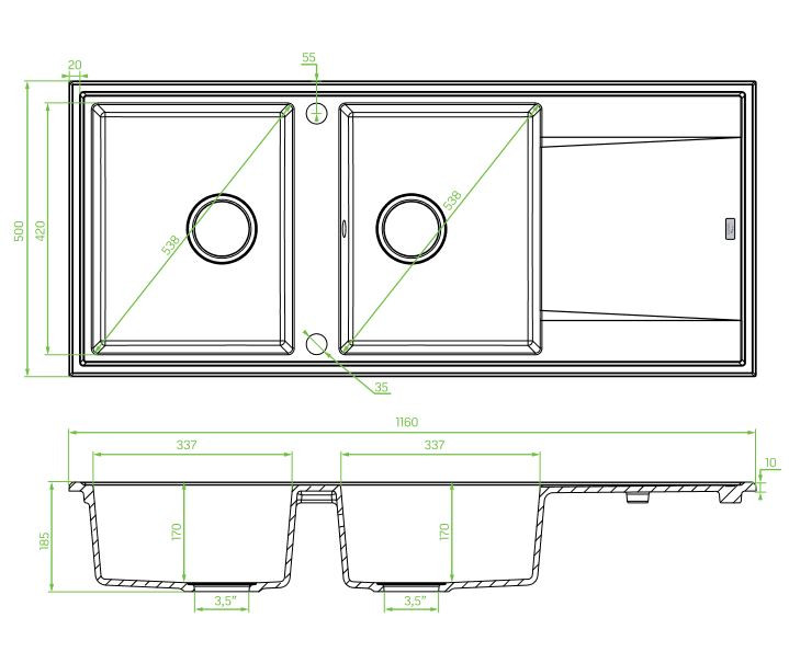 Laveo MEGALO kétmedence csepptálcás szemcsés fekete mosogató dugókiemelős helytakarékos szifonnal - Image 2