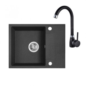 Laveo RAB MINI szemcsés fekete szett álló csappal, helytakarékos szifonnal, csaplyuktakaró dugóval