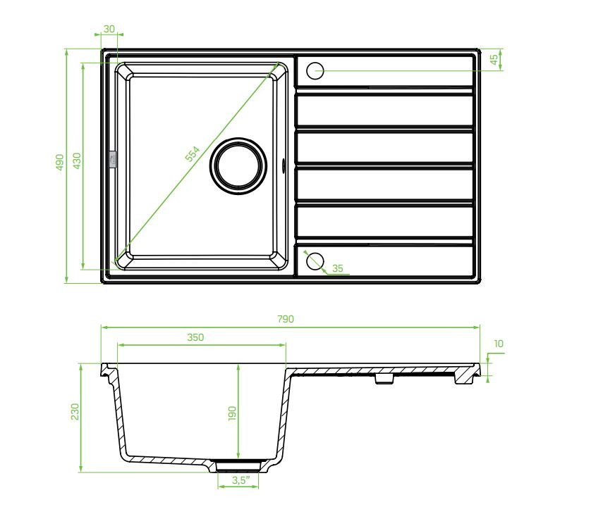 Laveo MARGARITA csepptálcás matt fekete mosogató automata dugókiemelős, helytakarékos szifonnal - Image 2