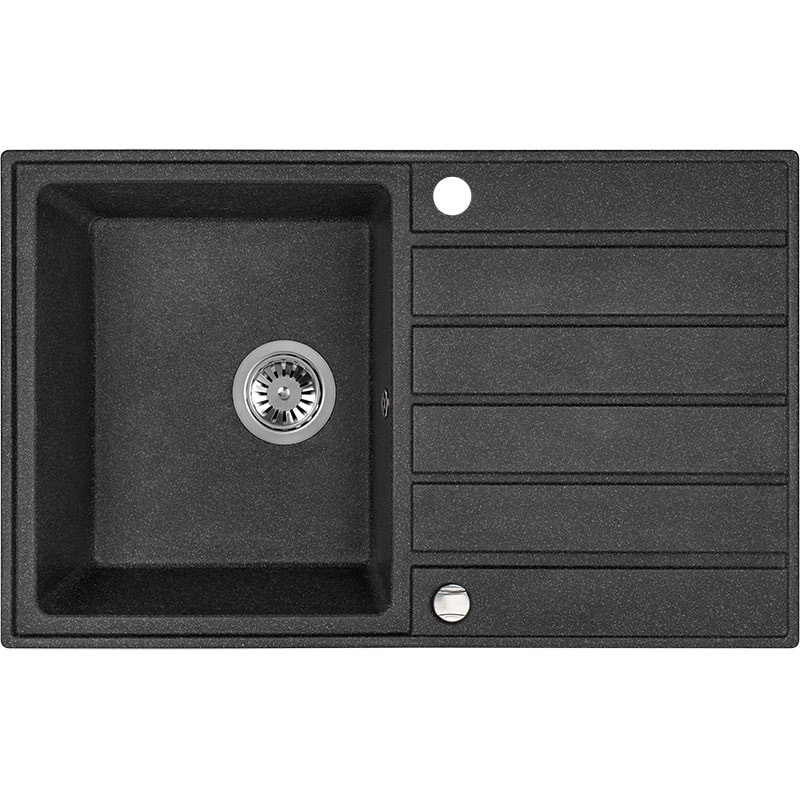 Laveo MARGARITA csepptálcás szemcsés fekete mosogató automata dugókiemelős, helytakarékos szifonnal