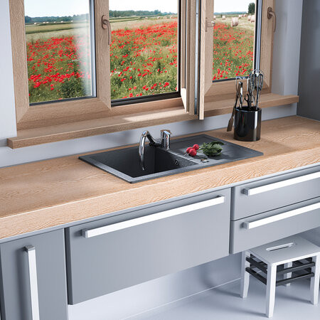 Laveo RINA csepptálcás szemcsés fekete mosogató, automata dugókiemelős, helytakarékos szifonnal - Image 2