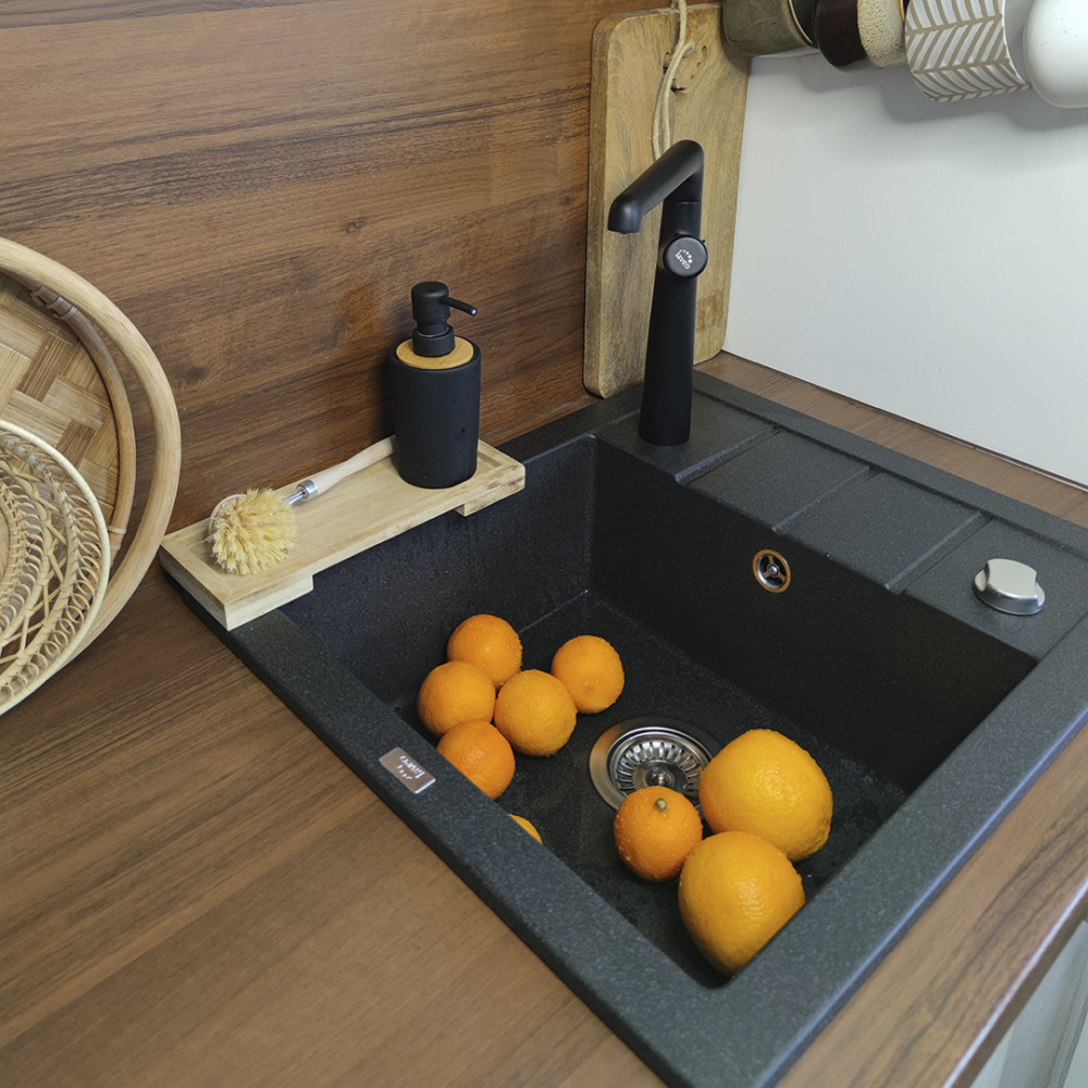 Laveo RINA MINI csepptálcás mosogató, szemcsés fekete, automata dugókiemelős, helytakarékos szifonnal - Image 2