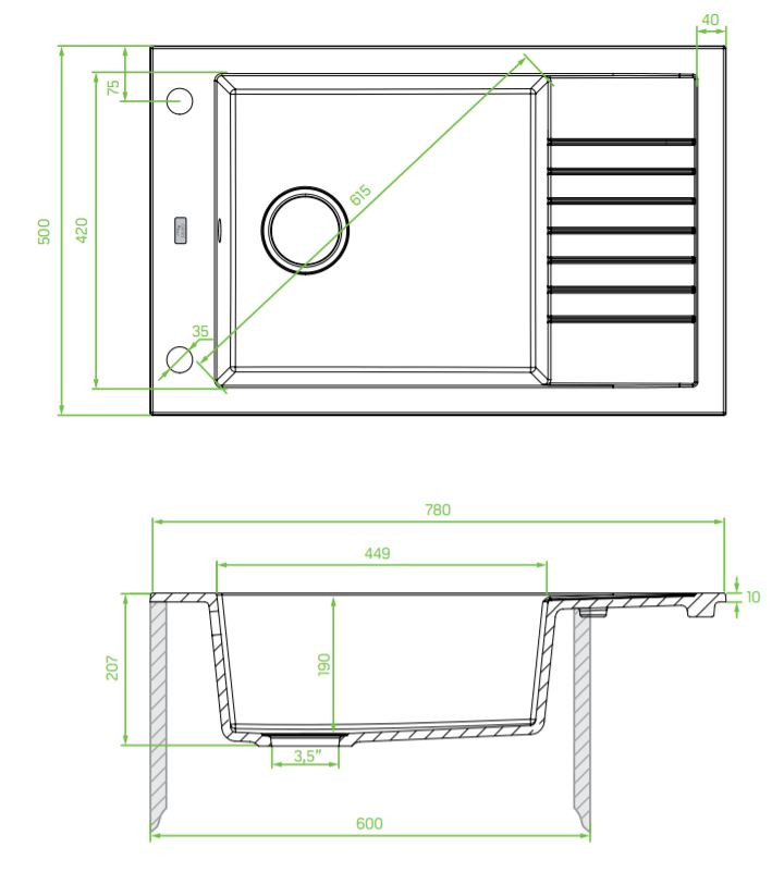 Laveo PIONIER minicsepptálcás szemcsés fekete mosogató automata dugókiemelős, helytakarékos szifonnal - Image 2