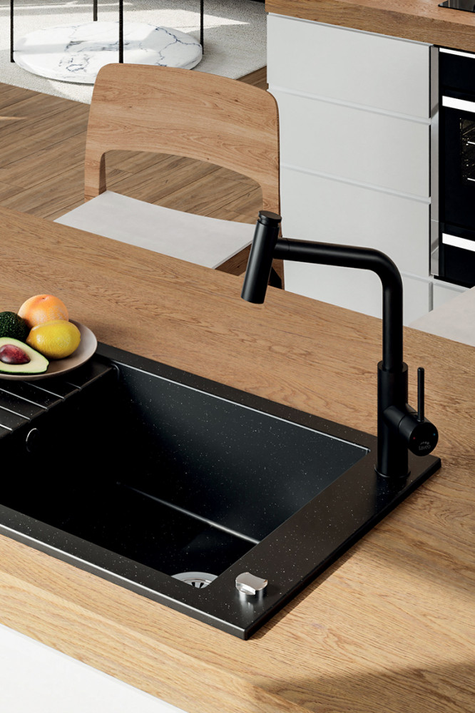 Laveo PIONIER minicsepptálcás szemcsés fekete mosogató automata dugókiemelős, helytakarékos szifonnal - Image 3