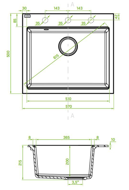 Laveo TAU 6 egymedencés mosogató, matt fekete - Image 2